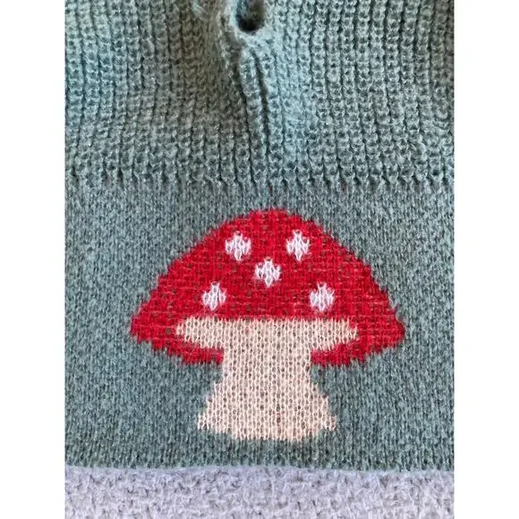 Mushroom Crop Tank Top Halter Large Knit V-Neck Cottagecore Red Green Bralette - Picture 2 of 12